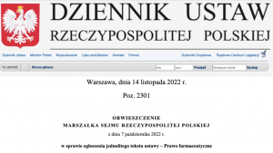 W Dzienniku Ustaw opublikowano 14.11.22 r. obwieszczenie Marszałka Sejmu w sprawie tekstu jednolitego ustawy - Prawo farmaceutyczne.
